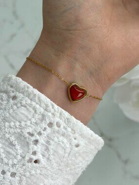 0629 Gold chain bracelet red burgundy stone pendant heart love Stainless steel